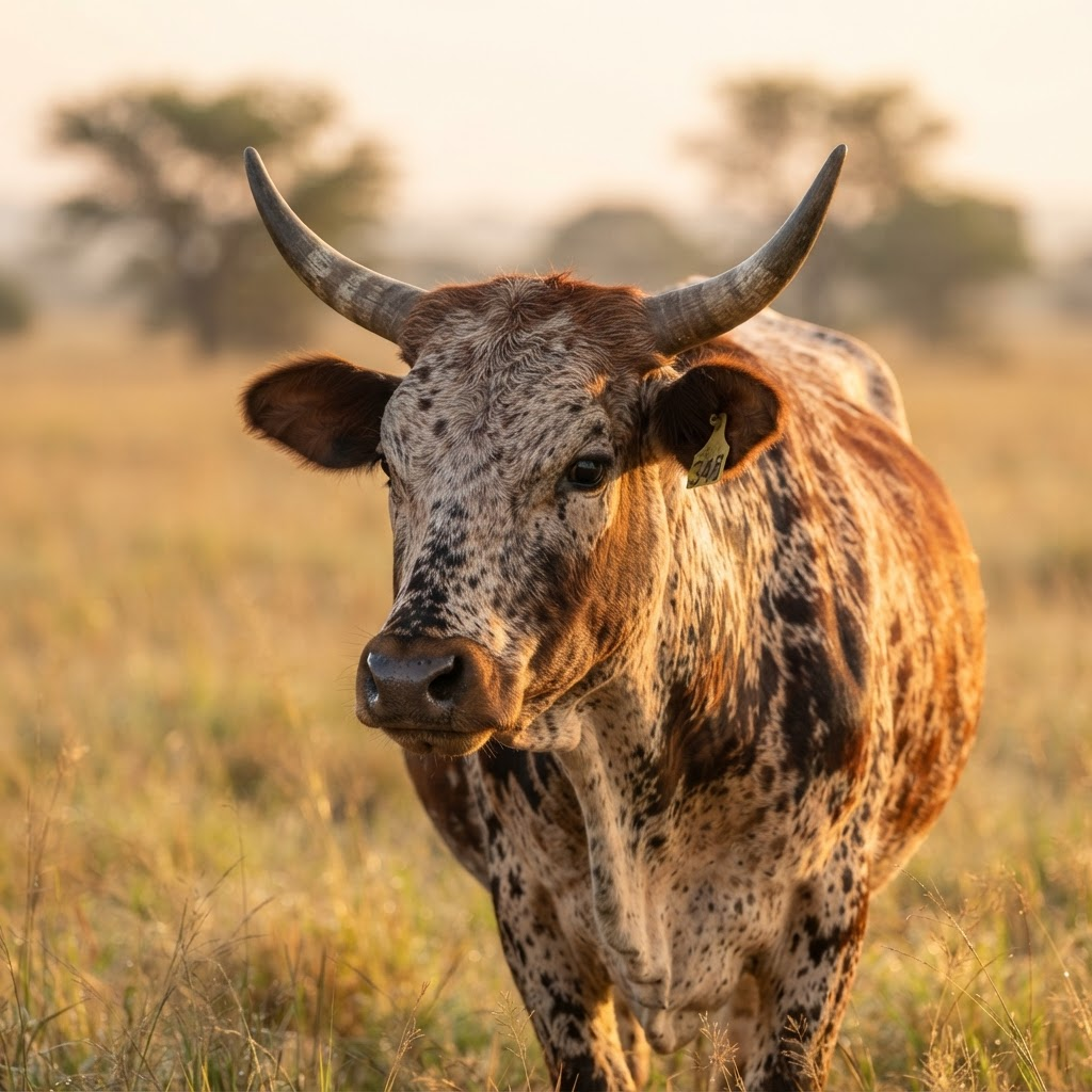 Close-up of an African Nguni cow in golden light